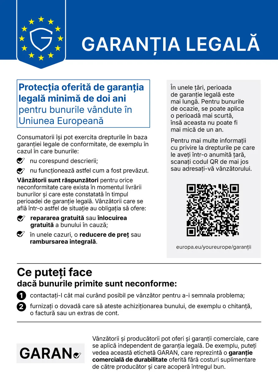 Notificare armonizată a Uniunii Europene privind garanția legală de conformitate: consumatorii au dreptul la o garanție legală de conformitate de cel puțin 2 ani pentru bunurile cumpărate.