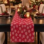 Runner de masa festiv Holly, rosu cu fulgi de nea, 28 cm x 2.75 m