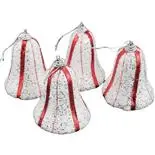Set 4 globuri clopotei, Holly, 7.5 cm, albi gliterati cu striatii rosii