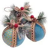 Set 3 globuri Holly, cu conuri si fundita, 8cm, albastru/auriu