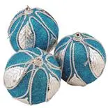Set 3 globuri Holly, cu frunzulite argintii, 8cm, albastru deschis