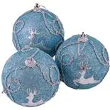 Set 3 globuri Holly, cu reni argintii, 8cm, albastru deschis